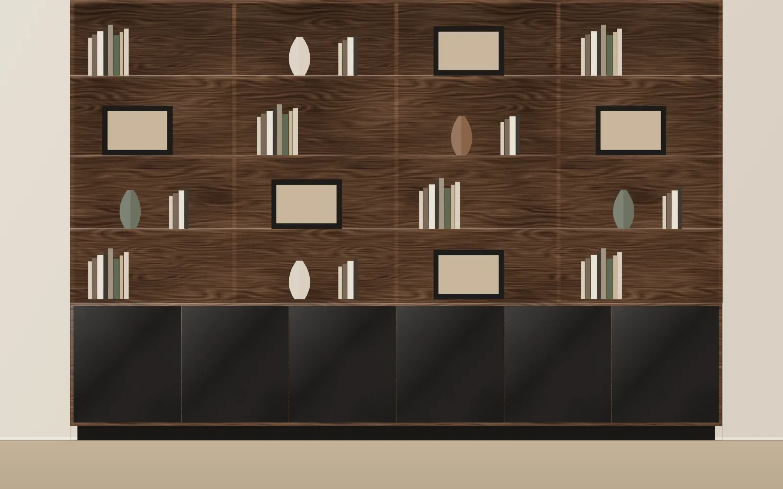 Mur de rangement sur mesure en bois foncé avec niches et portes