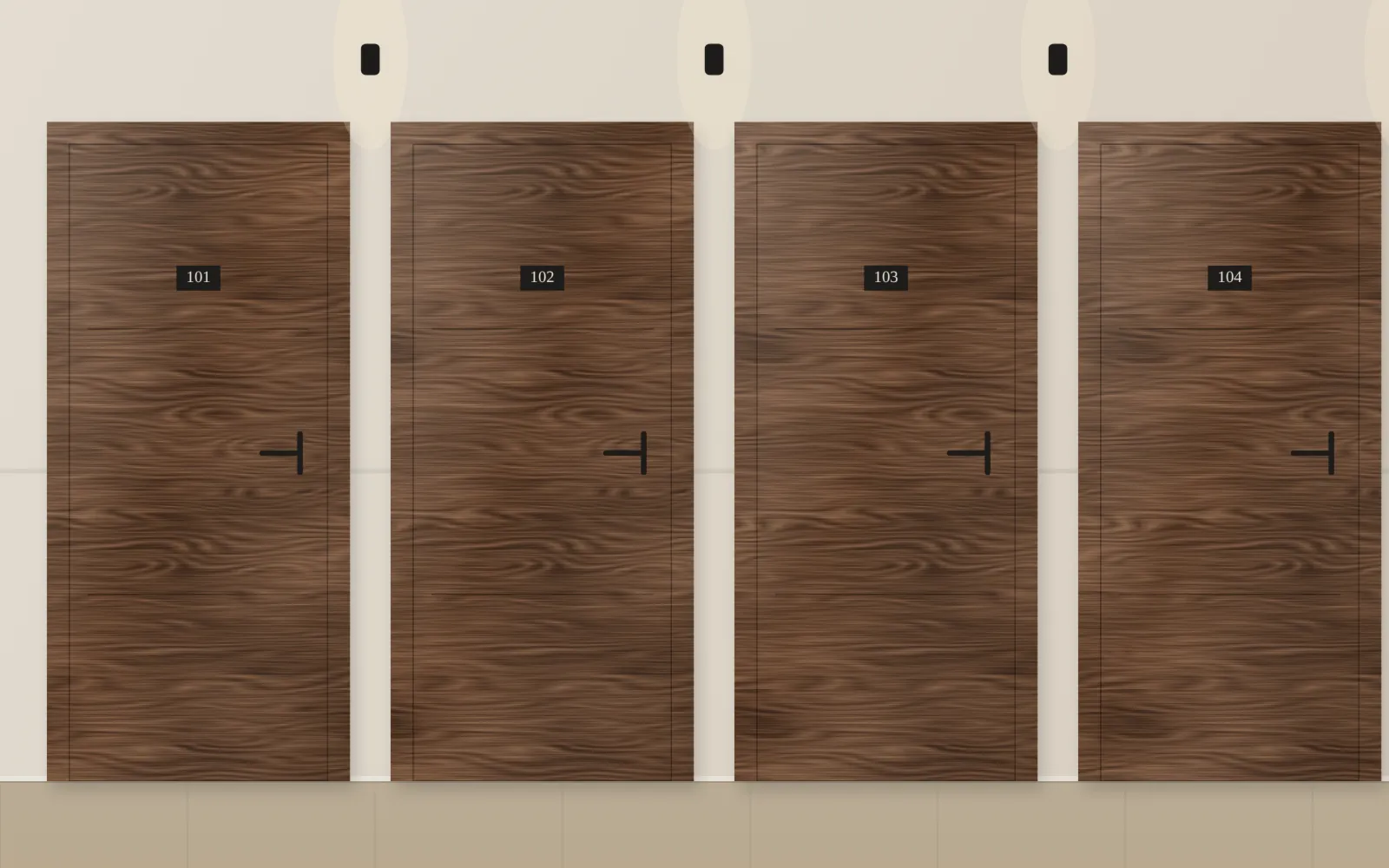 Couloir d’immeuble avec une série de portes palières identiques en bois